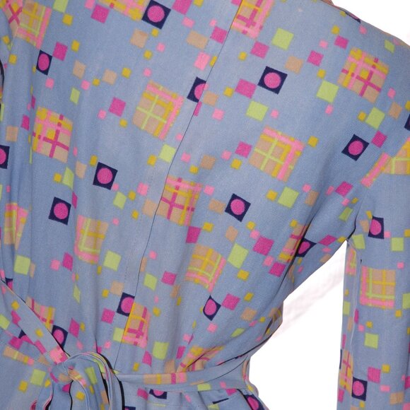 Neon Geo Art Dress Empire Waist Tie A-Line Tunic Vintage 70s Womens S/M - Picture 7 of 9